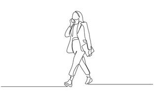 Continuous line drawing of happy young business woman holding briefcase. Single one line sketch editable stroke art of office worker. illustration vector