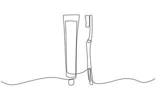 Continuous one line drawing of brush with toothpaste, Single line drawing illustration of Tooth paste with brush. Branding oral care products concept illustration art. Editable outline. vector