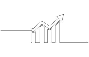 Continuous one line drawing of graph. Flat icon of increasing arrow up. Single line art of bar chart. Flat design icon of business growth. Editable outline vector