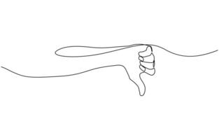 Thumb down in one continuous line. Symbol of evil. Negative gesture showing dislike. Negative finger in Doodle contour illustration. editable outline. vector