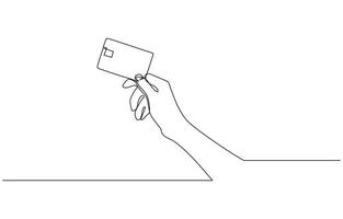 Continuous one line drawing of hand holding credit card. Contactless bank card in hand. Hand holding credit card in a continuous one line drawing style. Editable outline vector