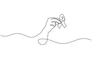 Continuous one line drawing hand holding ribbon and giving support, Single one line drawing a hand holding a ribbon. Symbolizes support, awareness. vector