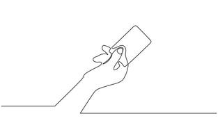 Hand holding credit card in a continuous one line drawing style. Bank card in hand icon line continuous drawing. One line Contactless payment outline design. vector