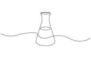 Lab experiment tools in continuous single one line art drawing. Scientific technology research medicine glass equipment design one sketch outline drawing illustration editable outline. vector