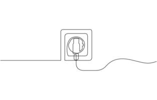 Plug inserting into electric outlet in continuous line art drawing style. Isolated on a white background. Illustration plug and socket, Editable outline vector