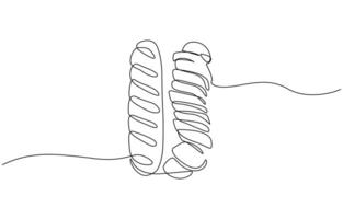 Bread one line drawing, one line bread bun, One continuous line drawing of long loaf bread, isolated on white background editable outline vector
