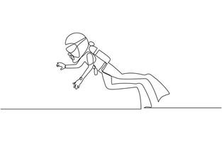 Single continuous line drawing young sportive man do scuba diving into the deep sea ocean to explore, Scuba diver in single line draw illustration editable outline. vector