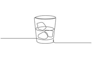 Whiskey glasses in one continuous line drawing. Whisky and liquor with ice cubes for alcohol drink menu in simple linear style. vector