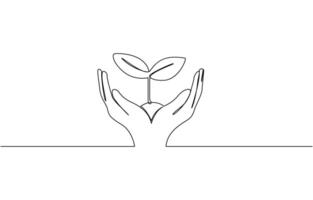 One line drawing of sprout in hand. Continuous line growing plant in hand palm. Growing plant in hand palm. Hand drawn editable illustration. vector