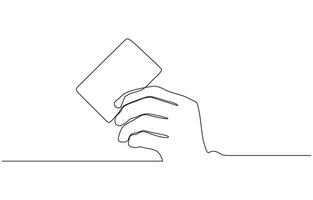 Hand holding credit card in a continuous one line drawing style. Bank card in hand icon line continuous drawing. One line Contactless payment card vector