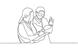 One continuous line drawing of boy added chemicals for research, Tests with liquid in tube. Scientist concept line art illustration. vector