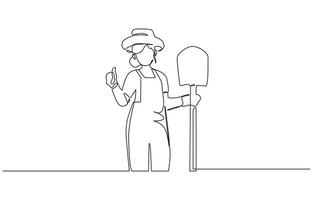 Single one line drawing of farmer with gesture okay wearing straw hat and carrying shovel to work on the farm. Success business concept. Modern continuous line draw editable outline design vector