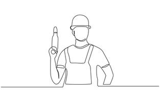Continuous line drawing of young handyman wearing uniform while holding drill machine. Builder man holding drill and wearing helmet. One continuous line art drawing, Editable outline. vector