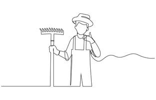 Single one line drawing of farmer with gesture okay wearing straw hat and carrying shovel to work on the farm. Success business concept. Modern continuous line draw design. vector