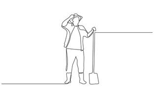 Single one line drawing of farmer with gesture okay wearing straw hat and carrying shovel to work on the farm. Success business concept. Modern continuous line draw design vector