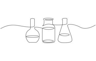 Lab experiment tools in continuous single one line art drawing. Scientific technology research medicine glass equipment design one sketch outline drawing illustration. Editable outline. vector