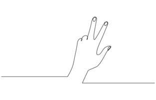 Continuous line drawing of index and middle finger, Human hand raised index and middle fingers - one line drawing. peace gesture concept vector