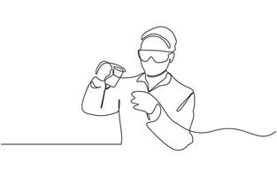 One continuous line drawing of boy added chemicals for research, Tests with liquid in tube. Scientist concept line art pro illustration. vector