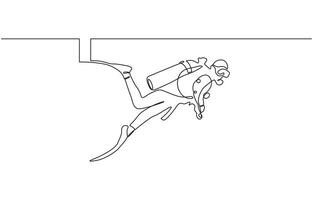 Single continuous line drawing young sportive man do scuba diving into the deep sea ocean to explore, Scuba diver in single line draw illustration. Editable outline vector