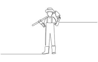 Single one line drawing of farmer with gesture okay wearing straw hat and carrying shovel to work on the farm. Success business concept. Modern continuous line draw outline design. vector