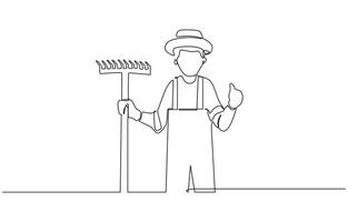 Single one line drawing of farmer with gesture okay wearing straw hat and carrying shovel to work on the farm. Success business concept. Modern continuous line draw outline design vector