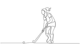 Minimalist illustration of a female field hockey athlete playing a match, Young professional ice hockey player exercising and practicing in feild. vector