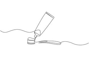 Continuous one line drawing of brush with toothpaste, Single line drawing illustration of Tooth paste with brush. Branding oral care products concept. vector
