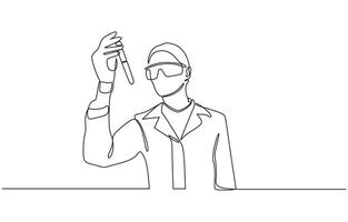 One continuous line drawing of boy added chemicals for research, Tests with liquid in tube. Scientist concept line art pro illustration vector