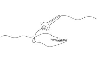 One line drawing of Hand holding a key. Representing property, solution, or security. single hand drawn art doodle isolated minimal illustration. vector