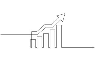 Continuous one line drawing of graph. Flat icon of increasing arrow up. Single line art of bar chart. Flat design icon of business growth. vector
