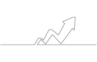 Continuous one line drawing of graph. Flat icon of increasing arrow up. Single line art of bar chart. Flat design icon of business growth. Editable stroke. vector