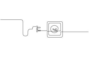 Plug inserting into electric outlet in continuous line art drawing style, Power plug and socket minimalist line, Continuous line art drawing of a plug being inserted into an electric, Editable outline vector