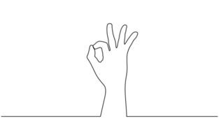 Black and white one continuous line ok hand gesture illustration, ok symbol drawing editable outline isolated on white background. vector