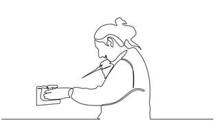 One continuous line drawing of boy added chemicals for research, Tests with liquid in tube. Scientist concept line art editable illustration. vector
