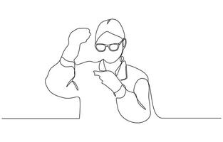 One continuous line drawing of boy added chemicals for research, Tests with liquid in tube. Scientist concept line art editable illustration vector