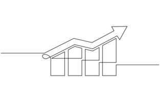 Continuous one line drawing of graph. Flat icon of increasing arrow up. Single line art of bar chart. Flat design icon of business growth vector