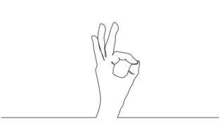 Black and white one continuous line ok hand gesture illustration, ok symbol drawing editable outline isolated on white background vector