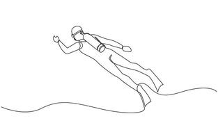 Single continuous line drawing young sportive man do scuba diving into the deep sea ocean to explore, Scuba diver in single line draw illustration. Editable stroke vector