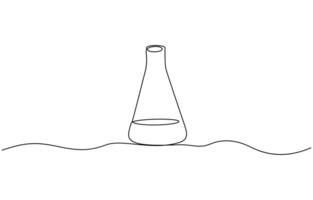 Lab experiment tools in continuous single one line art drawing. Scientific technology research medicine glass equipment design one sketch outline drawing illustration. Editable outline vector