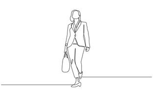 Continuous line drawing of happy young business woman holding briefcase. Single one line sketch editable stroke art of office worker. illustration. vector