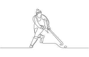 Minimalist illustration of a female field hockey athlete playing a match, Young professional ice hockey player exercising and practicing on ice rink stadium. vector