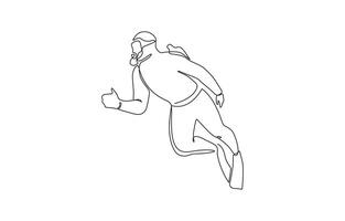Single continuous line drawing young sportive man do scuba diving into the deep sea ocean to explore, Scuba diver in single line draw illustration. Editable stroke. vector
