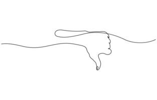 Thumb down in one continuous line. Symbol of evil. Negative gesture showing dislike. Negative finger in Doodle contour illustration vector