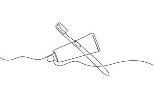 Continuous one line drawing of brush with toothpaste, Single line drawing illustration of Tooth paste with brush. Branding oral care products concept illustration art vector
