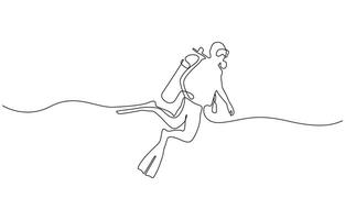 Single continuous line drawing young sportive man do scuba diving into the deep sea ocean to explore, Scuba diver in single line draw illustration. Editable outline. vector