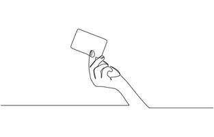 Hand holding credit card in a continuous one line drawing style. Bank card in hand icon line continuous drawing. One line Contactless payment card. vector