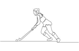 Minimalist illustration of a female field hockey athlete playing a match, Young professional ice hockey player exercising and practicing vector