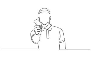 Continuous one line drawing of man holding business card concept of online shopping, Man hand holding a blank card illustration- continuous line drawing vector