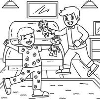 Sleepover Boys Playing Robots Coloring Page vector