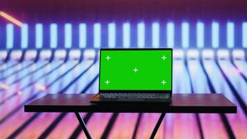 Trendy urban environment filled with neon lights and a chroma key screen, reflecting cyberpunk aesthetics for a digital concept rich in technology, neon glow and artistic street visuals. Camera A. video